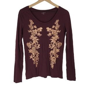 LOFT Outlet Long Sleeve Graphic T Shirt Glitter Floral Fitted Burgundy Small